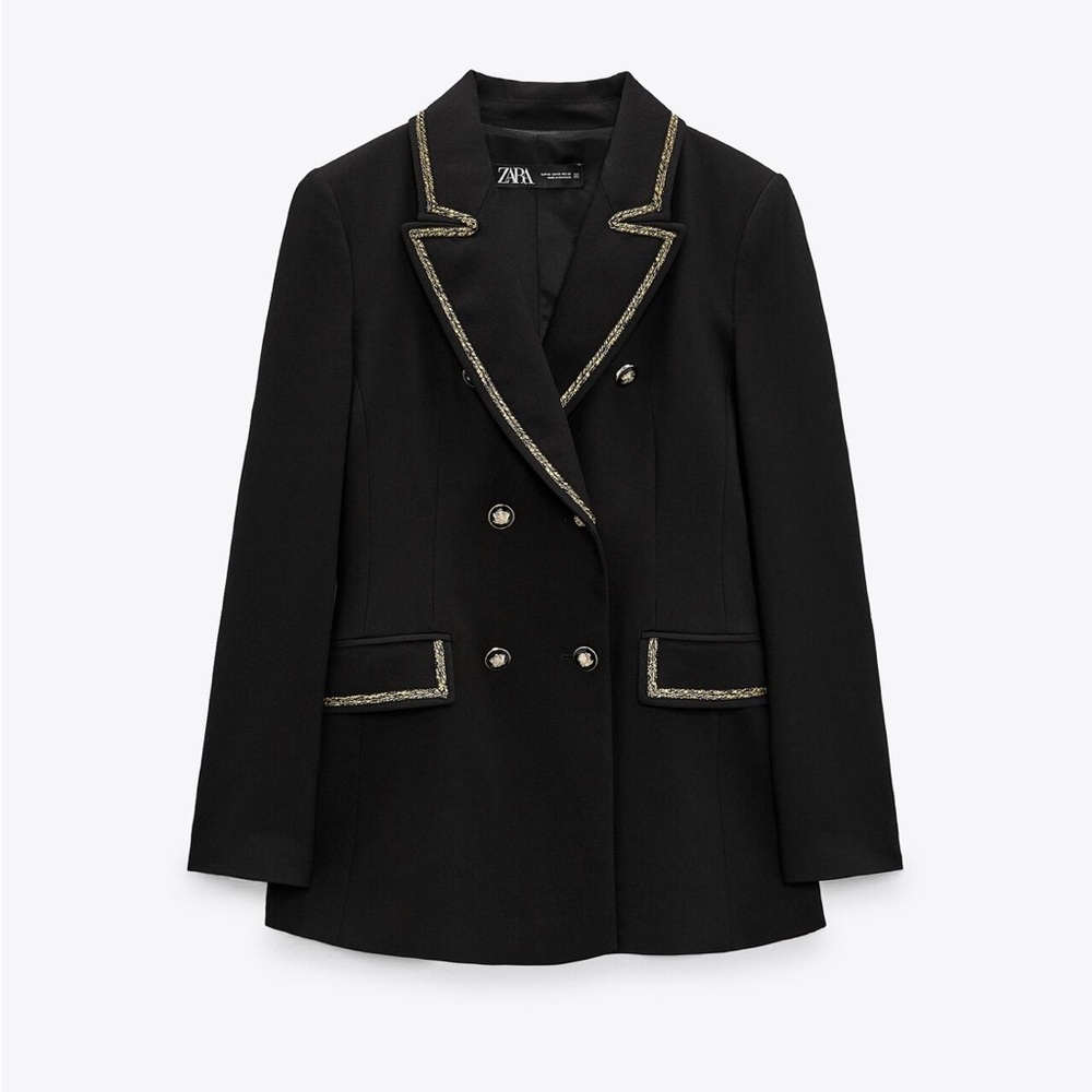 Zara BLOGGER FAVORITE black metallic gold piping blazer size XS